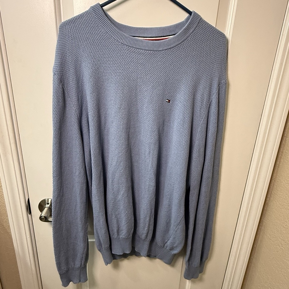 Tommy Hilfiger Men XL Blue Textured Knit Crewneck Sweater Flag Logo Pullover